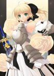  armor armored_dress artoria_pendragon_(all) bare_shoulders blonde_hair dress fate/grand_order fate/stay_night fate/unlimited_codes fate_(series) faulds flower gauntlets gloves green_eyes nakano_sora ponytail rose roses saber saber_lily solo sword weapon 