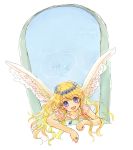  blonde_hair blue_daisy blue_eyes flower jewelry long_hair original pendant wings 