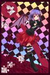  boots elbow_gloves fang gloves hat highres makino_(artist) makino_(ukiuo) necktie purple_hair puzzle red_eyes remilia_scarlet short_hair striped striped_legwear striped_thighhighs thigh-highs thighhighs touhou wings 