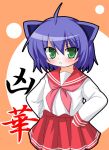  ahoge animal_ears cat_ears cosplay green_eyes hands_on_hips kyouran_kazoku_nikki lucky_star midarezaki_kyouka narumi_aoi purple_hair school_uniform serafuku short_hair tail 