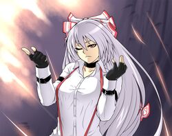  choker fingerless_gloves fujiwara_no_mokou gloves hair_ribbon hair_ribbons houtengeki large_breasts long_hair red_eyes ribbon ribbons shrug suspenders touhou very_long_hair wink 