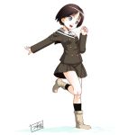  blue_eyes boots breath jacket minazuki_tsuyuha running school_uniform short_hair skirt smile snow 