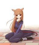  blush boots brown_hair dress holo long_hair red_eyes spice_and_wolf tomcat wolf_ears 
