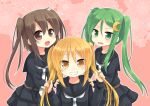  3girls :d alternate_hairstyle black_serafuku black_skirt blonde_hair brown_eyes brown_hair crescent crescent_hair_ornament fumizuki_(kantai_collection) green_eyes green_hair grin hair_ornament kantai_collection long_hair long_sleeves multiple_girls nagasioo nagatsuki_(kantai_collection) necktie open_mouth pink_background pleated_skirt sailor_collar satsuki_(kantai_collection) school_uniform serafuku skirt smile twintails white_necktie yellow_eyes 