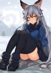 1girl absurdres black_bow black_bowtie black_gloves black_legwear black_shoes black_skirt bow bowtie fur_trim gloves highres kemono_friends looking_at_viewer miniskirt pantyhose shoes silver_fox_(kemono_friends) silver_hair sitting skirt slm solo yellow_eyes 