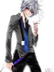  1boy belt cigarette collared_shirt eyebrows_visible_through_hair grin honne_dell looking_at_viewer microphone necktie open_shirt red_eyes short_hair silver_hair solo tagme vocaloid 