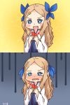  &gt;:d 1girl 2koma :d artist_name asakaze_(kantai_collection) bangs blonde_hair blue_eyes blush card comic directional_arrow forehead furisode hakama happy highres japanese_clothes kantai_collection kimono long_hair meiji_schoolgirl_uniform motion_lines old_maid open_mouth parted_bangs playing_card sad smile solo standing tears trembling wavy_hair wavy_mouth 