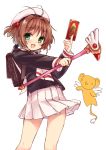  1girl :d antenna_hair backpack bag bangs beret black_shirt blush brown_hair card card_captor_sakura clow_card eyebrows_visible_through_hair fuuin_no_tsue hair_bobbles hair_ornament hat holding holding_card holding_wand kero kinomoto_sakura looking_at_viewer mokoke open_mouth pleated_skirt school_uniform shirt short_hair simple_background skirt smile two_side_up wand white_background white_hat white_skirt white_wings wings 