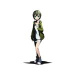  1girl breasts brown_hair cardigan cleavage collarbone divine_gate full_body green_eyes green_sweater hair_ornament hairclip looking_at_viewer official_art open_cardigan open_clothes short_hair small_breasts smile solo standing transparent_background ucmm unzipped 