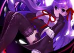  1girl bow breasts eyebrows_visible_through_hair fate_(series) gloves high_collar highres lace lace-trimmed_thighhighs large_breasts long_hair looking_at_viewer matou_sakura open_mouth paperfinger purple_hair red_bow red_ribbon ribbon skirt solo teeth thigh-highs violet_eyes white_gloves zettai_ryouiki 