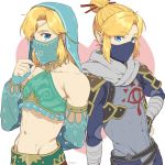  2boys alternate_costume armor armpits blonde_hair blue_eyes blush crossdressinging detached_sleeves dual_persona earrings gerudo_link gloves jewelry link long_hair looking_at_viewer male_focus midriff multiple_boys navel pointy_ears ponytail smile stomach the_legend_of_zelda the_legend_of_zelda:_breath_of_the_wild toned toned_male trap veil zyunya 