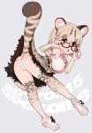  1girl animal_ears blonde_hair bow bowtie cat_ears cat_tail elbow_gloves glasses gloves highres kemono_friends looking_at_viewer margay_(kemono_friends) okome_(ricecandy) open_mouth panties shoes short_hair sleeveless sneakers solo tail underwear 