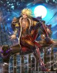  1boy abs blonde_hair boatswain_arman boots cardfight!!_vanguard company_name dark_skin dark_skinned_male drink full_body ghost jacket_on_shoulders jewelry long_hair male_focus moon moreshan nail_polish night night_sky official_art pointy_ears red_eyes ring shirtless sitting sky solo sparkle 