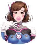  1girl alternate_hair_length alternate_hairstyle animal_print artist_name bangs blue_bodysuit bodysuit bracer breasts breasts_apart brown_eyes brown_hair bubble_blowing bunny_print chewing_gum d.va_(overwatch) eyelashes facepaint facial_mark gloves hand_up headphones high_collar highres looking_at_viewer medium_breasts nose overwatch parted_lips pauldrons pilot_suit ribbed_bodysuit short_hair shoulder_pads simple_background skin_tight small_breasts solo turtleneck upper_body whisker_markings white_background white_gloves zerozero 