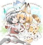  2girls absurdres animal_ears backpack bag black_gloves black_hair black_legwear blonde_hair bucket_hat dress elbow_gloves gloves green_eyes hair_between_eyes hat hat_feather highres hizuki_yayoi kaban kemono_friends lucky_beast_(kemono_friends) multiple_girls one_eye_closed open_mouth pantyhose red_shirt serval_(kemono_friends) serval_ears serval_print serval_tail shirt short_hair shorts sleeveless sleeveless_dress tail thigh-highs translation_request yellow_eyes 