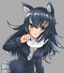  000_(jicasoe) 1girl animal_ears between_breasts black_hair blue_eyes blush breasts fur_collar grey_background grey_wolf_(kemono_friends) heterochromia highres kemono_friends long_hair looking_at_viewer multicolored_hair necktie necktie_between_breasts open_mouth pen simple_background skirt solo two-tone_hair wolf_ears yellow_eyes 