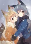  2girls :o animal_ears bangs black_bow black_bowtie black_gloves black_skirt blonde_hair blue_jacket blush bow bowtie breasts chin_grab eyebrows_visible_through_hair ezo_red_fox_(kemono_friends) fox_ears fox_tail fur-trimmed_sleeves fur_trim gloves grey_hair hand_on_another&#039;s_chin highres irone_(miyamiya38) jacket kemono_friends long_hair long_sleeves looking_at_viewer medium_breasts miniskirt multiple_girls open_mouth orange_jacket pantyhose pleated_skirt pocket silver_fox_(kemono_friends) skirt smile snow snowflakes tail white_bow white_bowtie white_skirt yellow_eyes 