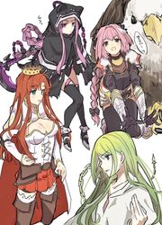  2boys 2girls androgynous animal_hood bird blue_eyes blush boudica_(fate/grand_order) braid breasts cape cleavage collar enkidu_(fate/strange_fake) fang fate/apocrypha fate/grand_order fate/strange_fake fate_(series) garter_straps gloves green_eyes green_hair hair_ribbon highres hood juliet_sleeves large_breasts leotard long_hair long_sleeves looking_at_viewer medusa_(lancer)_(fate) multiple_girls nari navel open_mouth pink_hair puffy_sleeves purple_hair redhead ribbon rider rider_of_black robe simple_background single_braid smile thigh-highs trap very_long_hair violet_eyes 