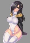  1girl black_hair black_jacket brown_eyes covered_navel emperor_penguin_(kemono_friends) grey_background hair_over_one_eye headphones hevn highleg highleg_leotard jacket kemono_friends leotard long_hair looking_at_viewer multicolored_hair open_clothes sitting solo thigh-highs white_legwear white_leotard 