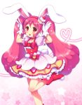  1girl animal_ears blush boots bunny_tail cake_hair_ornament cure_whip extra_ears food_themed_hair_ornament gloves hair_ornament heart kirakira_precure_a_la_mode long_hair looking_at_viewer magical_girl open_mouth pink_eyes pink_hair precure rabbit_ears red_boots sakura_puchirou smile solo standing standing_on_one_leg star tail twintails usami_ichika v white_gloves 