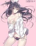  1girl bare_shoulders black_hair black_panties blouse breast_grab breasts contrapposto grabbing groin hair_between_eyes hair_ornament houchi_shoujo large_breasts long_hair looking_at_viewer no_bra original panties parted_lips pink_background ponytail red_eyes simple_background touwa_nikuman unbuttoned underwear white_blouse 