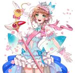  antenna_hair brown_hair card_captor_sakura clow_card dress fuuin_no_tsue green_eyes kero kinomoto_sakura kkamang_egg looking_at_viewer magical_girl open_mouth ribbon short_hair smile wand white_background wings 