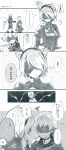  1boy 1girl animal_ears blindfold blush breasts cat_ears covered_eyes dress feather-trimmed_sleeves gloves headband highres kotori_bb mole mole_under_mouth monochrome nier_(series) nier_automata open_mouth short_hair smile sweatdrop translation_request yorha_no._2_type_b yorha_no._9_type_s 