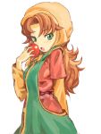  1girl blush curly_hair dragon_quest dragon_quest_vii green_eyes hat hood long_hair looking_at_viewer maribel open_mouth redhead simple_background solo 