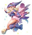  1girl ass bare_shoulders blonde_hair blue_boots blush blush_stickers boots breasts choker cleavage dark_magician_girl duel_monster green_eyes hat large_breasts long_hair one_eye_closed open_mouth oro_(sumakaita) pentacle smile solo staff wizard_hat yu-gi-oh! yuu-gi-ou_duel_monsters 