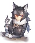  1girl animal_ears bangs black_hair black_jacket blue_eyes breast_pocket breasts closed_mouth commentary_request eyebrows_visible_through_hair fur_collar gloves grey_hair grey_wolf_(kemono_friends) heterochromia highres jacket kemono_friends large_breasts long_hair long_sleeves looking_at_viewer melon22 multicolored_hair pen pocket silver_necktie smile solo tsurime two-tone_hair upper_body white_gloves wolf_ears yellow_eyes 