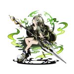  1girl ahoge breasts cleavage comic divine_gate dress floating_hair full_body green_dress green_eyes hair_between_eyes high_heels long_hair looking_at_viewer official_art polearm small_breasts solo spear transparent_background ucmm very_long_hair weapon 
