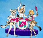  3girls animal_ears bare_shoulders blonde_hair bow bowtie cat_ears cat_tail drum drum_set drumsticks elbow_gloves eyebrows_visible_through_hair fur_collar gloves guitar instrument jaguar_(kemono_friends) jaguar_ears jaguar_tail japari_symbol josie_and_the_pussycats kemono_friends looking_at_viewer multicolored_hair multiple_girls music playing_instrument sand_cat_(kemono_friends) serval_(kemono_friends) serval_ears serval_print serval_tail shirt short_hair short_sleeves skirt sleeveless smile streaked_hair tail tambourine unno_hotaru white_shirt yellow_eyes 