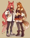  2girls animal_ears blazblue brown_hair cat_ears cat_tail crossover detached_sleeves final_fantasy final_fantasy_xiv full_body glasses highres holo kokonoe long_hair midriff multiple_girls multiple_tails pink_eyes pink_hair ponytail red_eyes reema_and signature simple_background spice_and_wolf standing tail thigh-highs wolf_ears wolf_tail 