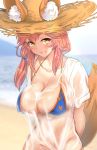  1girl animal_ears bikini bikini_top blue_bikini blush breasts commentary_request eyebrows_visible_through_hair fate/grand_order fate_(series) fox_ears fox_tail hat highres large_breasts long_hair looking_at_viewer navel pink_hair seductive_smile see-through shirt short_sleeves smile solo stomach straw_hat swimsuit t-shirt tail tamamo_(fate)_(all) tamamo_no_mae_(swimsuit_lancer)_(fate) untsue upper_body wet wet_clothes white_shirt yellow_eyes 