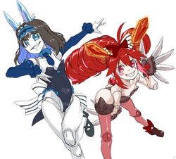  2girls adapted_costume ass black_hair blue_eyes blue_hair blush_stickers bow breasts bunnysuit claw_(weapon) commentary_request detached_collar detached_sleeves doll_joints drill_hair garie_tuman grin hair_bow hairband leaning_forward leg_up long_hair looking_at_viewer micha_jawkan multicolored_hair multiple_girls necktie outstretched_arms pale_skin phenne red_eyes redhead senki_zesshou_symphogear sharp_teeth shiny shiny_hair shoes short_hair simple_background small_breasts smile teeth twintails weapon white_background 