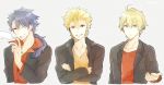  3boys ahoge archer_(fate/prototype) armor banira_(ri0115ka) blonde_hair blue_eyes blue_hair fate/prototype fate_(series) gilgamesh green_eyes highres jacket lancer lancer_(fate/prototype) long_hair looking_at_viewer male_focus multiple_boys red_eyes saber_(fate/prototype) short_hair 