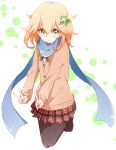  1girl :&gt; abstract_background bafarin black_legwear blonde_hair blue_scarf blush buttons cardigan chisaki_tapris_sugarbell dot_nose double_v eyebrows_visible_through_hair flower full_body gabriel_dropout green_eyes hair_between_eyes hair_flower hair_ornament highres jumping legs_together light_smile long_sleeves looking_at_viewer namori_(style) neck_ribbon pantyhose plaid plaid_skirt pleated_skirt ribbon scarf school_uniform shiny shiny_clothes shiny_hair shiny_skin short_hair simple_background skirt solo tareme v wavy_hair white_background 
