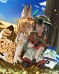  2girls animal_ears backpack bag black_gloves black_hair black_legwear blonde_hair bow bowtie bucket_hat closed_eyes commentary_request day elbow_gloves gloves hat highres kaban kemono_friends lucky_beast_(kemono_friends) mtu_(orewamuzituda) multiple_girls open_mouth outdoors paper_airplane red_shirt serval_(kemono_friends) serval_ears serval_print serval_tail shirt short_hair shorts sitting smile tail thigh-highs white_shorts 