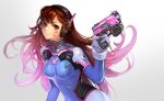  1girl absurdres animal_print arm_at_side arm_up bangs blue_bodysuit bodysuit bracer breasts brown_eyes brown_hair bunny_print character_name charm_(object) closed_mouth d.va_(overwatch) eyelashes facepaint facial_mark finger_on_trigger gloves gradient gradient_hair gun hand_up handgun headphones high_collar highres holding holding_gun holding_weapon long_hair looking_at_viewer medium_breasts multicolored_hair nose overwatch pauldrons pilot_suit pink_hair rain_yoo ribbed_bodysuit shoulder_pads simple_background skin_tight smile solo turtleneck upper_body very_long_hair weapon whisker_markings white_gloves 