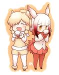  2girls ^_^ alpaca_ears alpaca_suri alpaca_tail bangs beige_boots beige_shorts beige_vest bird_tail bird_wings black_footwear black_shoes blonde_hair blunt_bangs blush boots buttons chibi closed_eyes collar crested_ibis_(kemono_friends) cup drinking expressionless eyebrows_visible_through_hair eyelashes frilled_sleeves frills full_body fur-trimmed_boots fur-trimmed_sleeves fur_collar fur_trim gloves gradient_hair gradient_ribbon hair_bun hair_ornament hair_over_one_eye hair_ribbon head_wings hitec holding holding_cup japari_symbol jitome kemono_friends long_sleeves mary_janes multicolored multicolored_background multicolored_hair multiple_girls neck_ribbon no_nose open_mouth orange_background pantyhose pleated_skirt red_gloves red_legwear red_ribbon red_skirt redhead ribbon shirt shoe_ribbon shoes short_hair short_hair_with_long_locks sidelocks simple_background skirt smile standing swept_bangs teacup tress_ribbon two-tone_background two-tone_hair vest white_background white_hair white_legwear white_ribbon white_shirt wide_sleeves wings yellow_eyes yellow_ribbon |d 