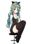  1girl alternate_costume black_dress black_legwear black_ribbon blue_eyes brown_shoes casual cup dress gin00 green_hair hair_ornament hair_ribbon hairclip highres holding holding_cup kantai_collection long_hair long_sleeves ribbon shirt shoes simple_background sitting solo suspenders thigh-highs white_background white_shirt yamakaze_(kantai_collection) 