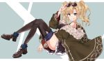  1girl absurdres artist_request blonde_hair blue_eyes breasts coat granblue_fantasy hair_ornament highres long_sleeves looking_at_viewer skirt smile solo sunglasses sunglasses_on_head tagme thigh-highs twintails zeta_(granblue_fantasy) 