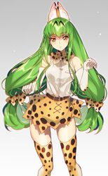  1girl animal_ears artist_name bare_shoulders bow bowtie breasts c.c. code_geass cosplay creayus elbow_gloves gloves green_hair kemono_friends long_hair looking_at_viewer medium_breasts open_mouth serval_(kemono_friends) serval_ears serval_print serval_tail simple_background skirt sleeveless solo tail thigh-highs twitter_username yellow_eyes 