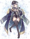  1girl black_legwear blue_eyes breasts commentary_request copyright_request full_body hat long_hair military military_uniform oryou panties pantyshot peaked_cap sheath sheathed silver_hair solo sword thigh-highs torn_clothes underwear uniform weapon 