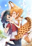  2girls ^_^ animal_ears backpack bag bangs black_gloves black_hair black_legwear bow bowtie breast_press bucket_hat closed_eyes dutch_angle elbow_gloves face-to-face gloves hands_on_another&#039;s_shoulders hat hat_feather high-waist_skirt jumping kaban kemono_friends multiple_girls open_mouth orange_hair pantyhose pantyhose_under_shorts print_bow print_gloves print_legwear print_skirt red_shirt serval_(kemono_friends) serval_ears serval_print serval_tail shirt shoes short_hair short_sleeves shorts skirt smile sun tail thigh-highs twitter_username yukinokoe yuri 