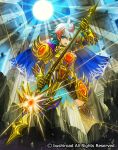  1boy armor armored_boots blue_hair boots cape cardfight!!_vanguard company_name flower full_body gloves green_eyes hair_flower hair_ornament hairclip knight_of_morning_shadow_kimarcus male_focus moreshan multicolored_hair official_art open_mouth polearm redhead rock solo spear sun teeth weapon white_hair 