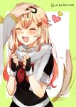 1girl ^_^ admiral_(kantai_collection) bangs blonde_hair blush clenched_hands closed_eyes fingerless_gloves gloves hair_between_eyes hair_ornament hair_ribbon hairclip happy heart kantai_collection long_hair long_sleeves neckerchief open_mouth petting red_neckerchief remodel_(kantai_collection) ribbon scarf short_sleeves smile tail tail_wagging twitter_username xxxkuruharuxxxx yuudachi_(kantai_collection) 
