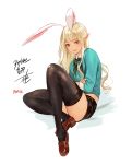  1girl 2017 animal_ears bangs black_legwear black_shorts blonde_hair bow bowtie breasts brown_eyes brown_legwear brown_shoes collared_shirt crossed_arms dated fingernails green_bow green_bowtie green_shirt knee_up loafers long_hair long_sleeves original pointy_ears rabbit_ears shirt shoes short_shorts shorts sidelocks signature simple_background sitting sleeves_past_elbows small_breasts smile solo takssmask thigh-highs white_background 
