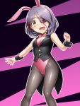  1girl animal_ears black_legwear bow bowtie brown_eyes bunny_tail bunnysuit cowboy_shot detached_collar eyepatch fang hayasaka_mirei idolmaster idolmaster_cinderella_girls leotard open_mouth pantyhose pataniito pink_bow pink_bowtie pink_leotard playboy purple_hair rabbit_ears short_hair solo strapless strapless_leotard tail tailcoat vest wrist_cuffs 