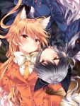  2girls :&lt; animal_ears bangs blazer blonde_hair blush breasts brown_eyes closed_mouth commentary_request eyebrows_visible_through_hair ezo_red_fox_(kemono_friends) fox_ears fox_girl fox_tail gradient_hair grey_hair hair_between_eyes jacket kemono_friends light_smile long_hair long_sleeves lying medium_breasts multicolored_hair multiple_girls nogi_takayoshi on_back rotational_symmetry shirt sidelocks silver_fox_(kemono_friends) silver_hair smile tail white_shirt 